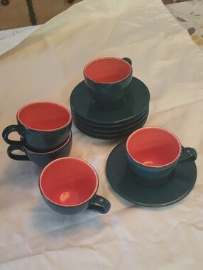 Vintage Pagnossin Espresso Cup and Saucer Set - Coral Interior, Teal Exterior